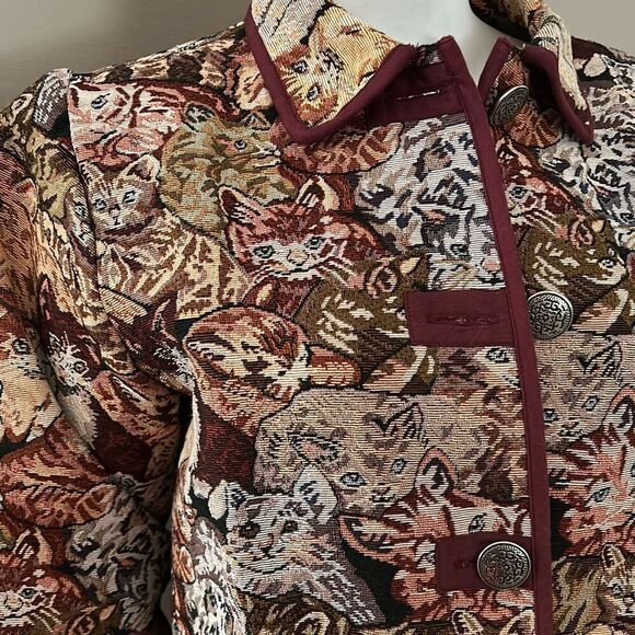 1990’s Cat Tapestry Collared Overcoat with Large Pockets and Metal   Buttons Bla - Picture 2 of 11
